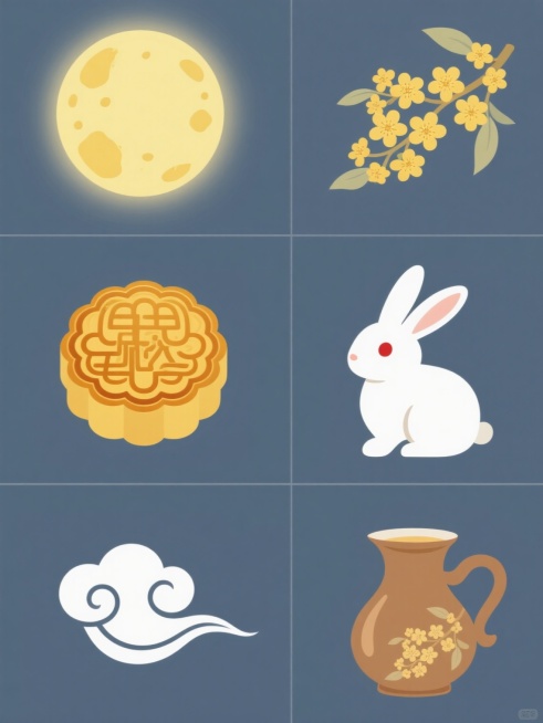 一套6张的系列素材集合，保持简约现代风格，每张素材均为规整排布的单一元素图案，元素分别为中秋圆月、桂花、月饼、玉兔、祥云、一壶桂花酒，整体造型简约现代，用纯色背景，无任何文字，无logo，无水印。其中中秋圆月为圆形，呈黄色，表面有不规则的凹陷和凸起，边缘有柔和的光晕；桂花为黄色的小花，簇拥在一起，有细小的花蕊；月饼为圆形，表面有花纹，颜色为金黄色；玉兔为白色，耳朵竖起，眼睛为红色，姿态可爱；祥……预览效果