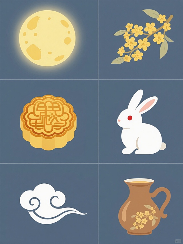 一套6张的系列素材集合，保持简约现代风格，每张素材均为规整排布的单一元素图案，元素分别为中秋圆月、桂花、月饼、玉兔、祥云、一壶桂花酒，整体造型简约现代，用纯色背景，无任何文字，无logo，无水印。其中中秋圆月为圆形，呈黄色，表面有不规则的凹陷和凸起，边缘有柔和的光晕；桂花为黄色的小花，簇拥在一起，有细小的花蕊；月饼为圆形，表面有花纹，颜色为金黄色；玉兔为白色，耳朵竖起，眼睛为红色，姿态可爱；祥云为白色，呈波浪状，线条流畅；一壶桂花酒为棕色的酒壶，壶身上有桂花图案，壶嘴和壶把为弯曲的形状。