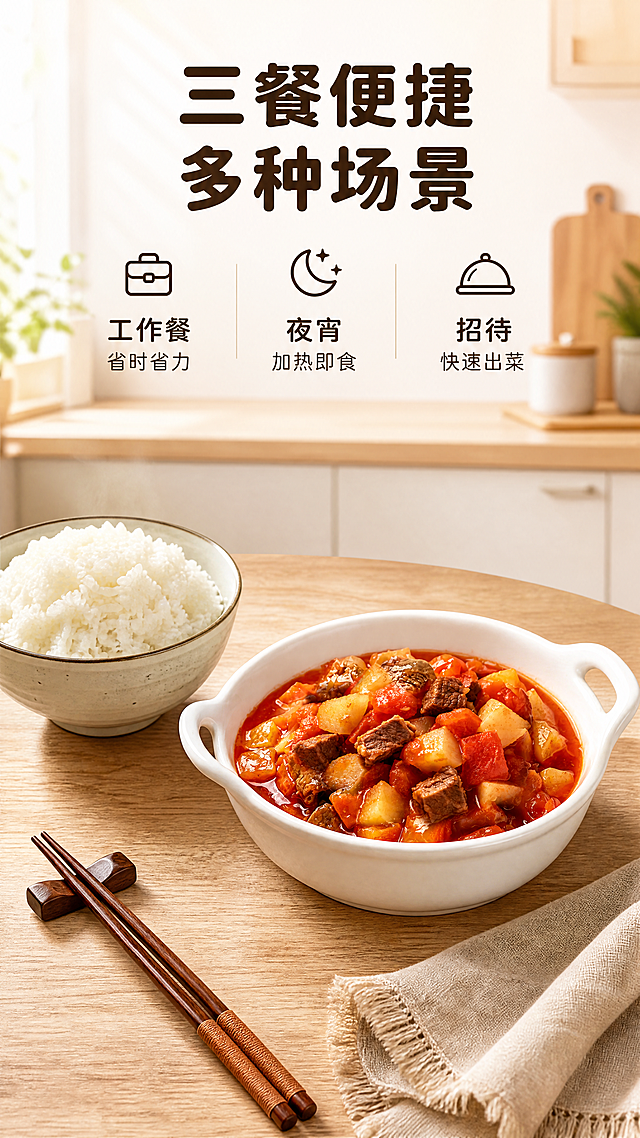 [第6屏] 食用场景-多场景适用日常搭配。
[氛围/风格] 生活化温馨场景风，自然真实，代入感强。
[元素布局] 展示成品菜肴搭配米饭放在居家餐桌场景上，背景是简约干净的厨房台面，左侧放一碗白米饭，右侧放做好的图4番茄牛肉，保持食材结构颜色酱汁与原图一致，旁边放筷子和餐布点缀，营造家常用餐氛围，主体菜肴占画面60%。
[光影质感] 自然光从左侧照入，形成柔和阴影，整体通透温暖，符合居家日常感。
[配色色系] 全局底色：#FFF8F0（暖米白）；主体保持番茄牛肉原有红亮色泽，搭配木质餐桌浅棕色；文字：#333333深棕色。配色延续首屏统一风格。
[视角构图] 偏俯视日常拍摄构图，场景完整代入感强。
[文字版式] 顶部标题「三餐便捷 多种场景」，深棕色圆角黑体居中。下方三个场景卖点，分三点排列：「工作餐 省时省力」「夜宵 加热即食」「招待 快速出菜」，每个卖点配小图标，深棕色文字清晰不拥挤。全程使用圆角黑体标题字，字色仅深棕色1种，纯色填充，风格与首屏统一。
[比例分辨率] 9:16竖版比例，4K分辨率，文字清晰可辨，超高清。
[负向提示词] 食材变形，结构错误，场景杂乱，文字模糊，颜色偏色，水印