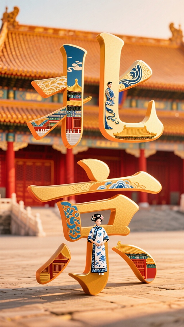 文字“北京”，字体比划内穿插当地特色元素，比如故宫、满族服饰、建筑物等，背景暖色系