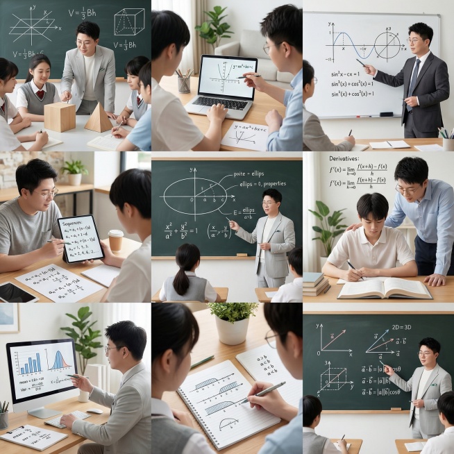 帮我生成关于高中数学的九宫格图片，要有老师和学生，老师的脸帮我设计成这张图片的，学生是中国人，场景是教室、家里、办公室、咖啡厅等，帮我生成20张预览效果