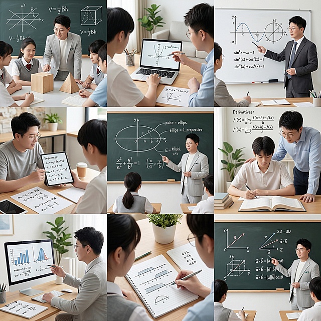 帮我生成关于高中数学的九宫格图片，要有老师和学生，老师的脸帮我设计成这张图片的，学生是中国人，场景是教室、家里、办公室、咖啡厅等，帮我生成20张