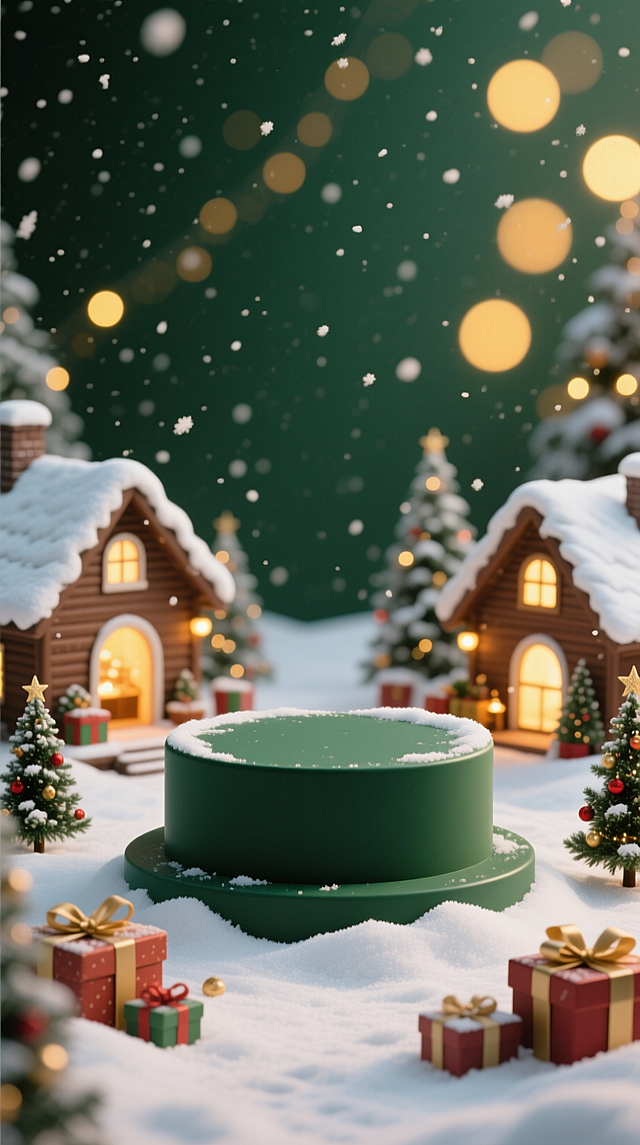 梦幻3D微缩圣诞雪景，粘土质感小屋与礼物点缀，暖光与飘雪营造温馨喜庆氛围，虚拟现实风格呈现童话般节日意境。