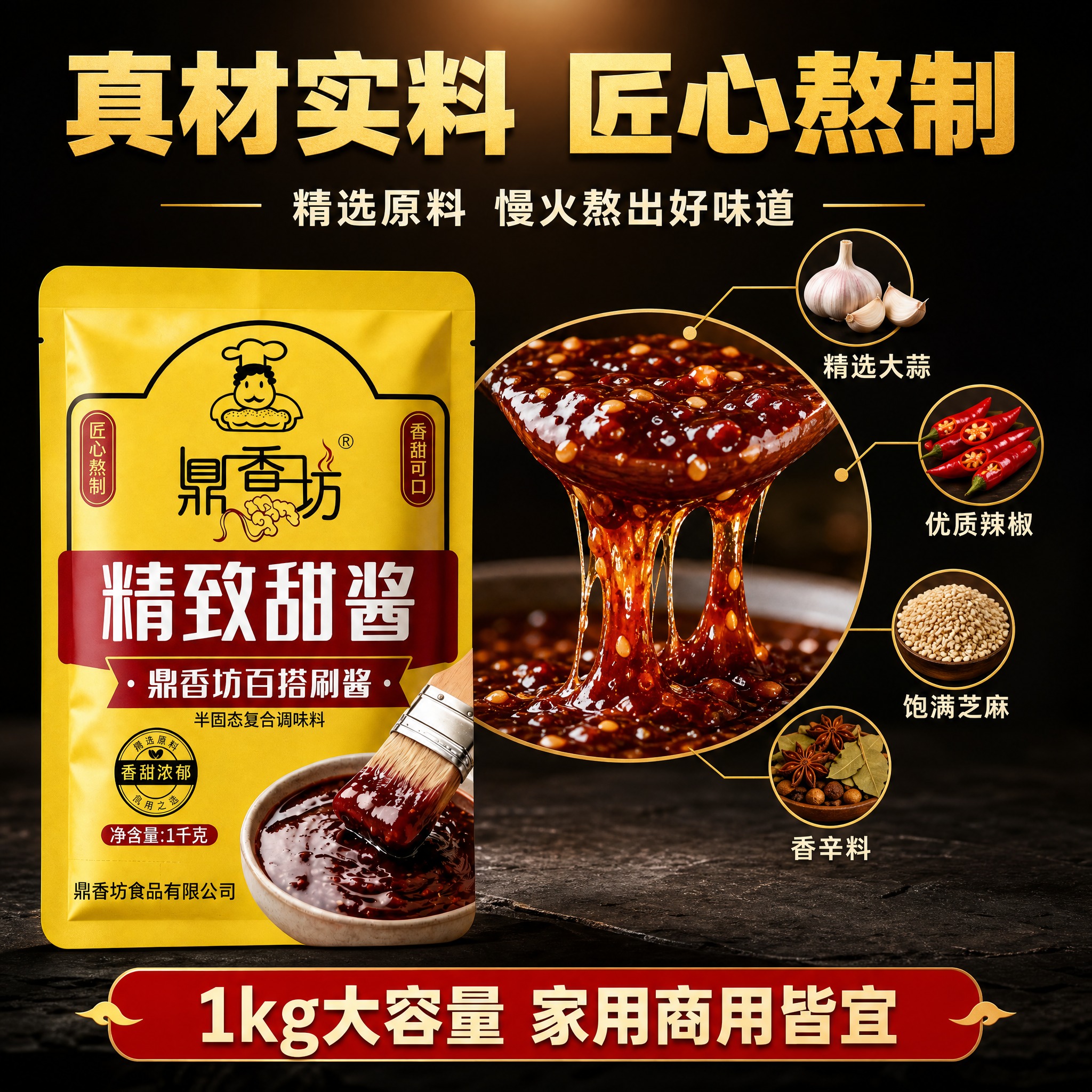 [主图-7] 深色背景卖点图，展示甜酱匠心熬制与真材实料，拼多… - 图片创意预览