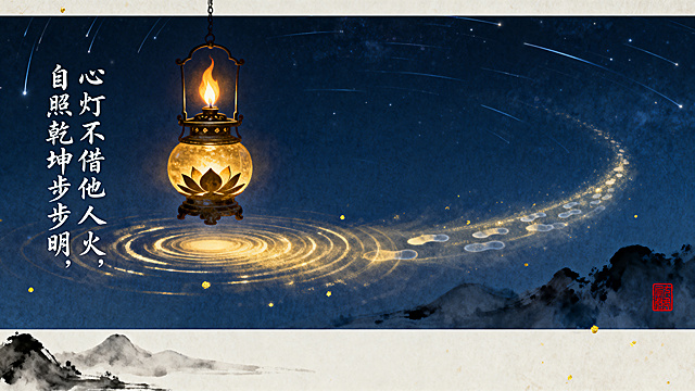 A wide horizontal poster, deep indigo blue background with subtle star trails, a single ancient Chinese oil lamp floating on the left side, its flame glowing with warm gold light, lotus silhouette inside the flame. From the flame, ripples of light spread to the right, forming a path of light with translucent footprints stepping forward. Distant ink-wash mountains faintly visible. Chinese calligraphy text arranged vertically on the left: "心灯不借他人火，自照乾坤步步明". Red seals at the bottom right. Style: Zen minimalism with cosmic atmosphere, muted colors with gold accents, ethereal lighting, ink painting meets digital art, 4K, detailed.