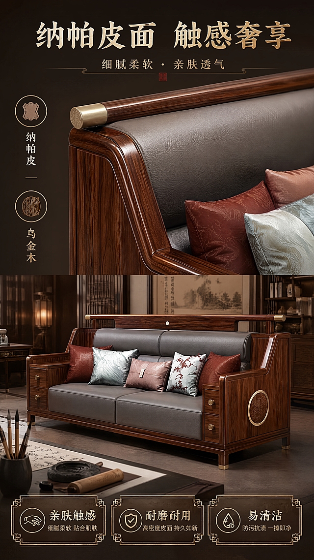 [第6张] 详情页材质展示-纳帕皮面料质感特写。本张使用【图1】作为商品主体，保持产品结构、比例、材质、颜色完全一致。
[氛围/风格] 新中式轻奢风，高级材质质感，细腻特写，商业摄影质感。
[元素布局] 画面上半部分为沙发扶手与靠背衔接处的特写，聚焦纳帕皮细腻纹理与乌金木木纹的材质碰撞，皮质表面有自然光泽，木纹清晰，铜饰细节精致；下半部分为沙发局部侧面全景，置于虚化的新中式书房场景背景，有毛笔、宣纸、砚台等文房四宝点缀；沙发物理结构、乌金木纹理、纳帕皮灰色坐垫与输入图完全一致，不改变产品比例尺寸。
[光影质感] 侧上方柔光打亮材质表面，凸显皮质细腻毛孔与木纹肌理，明暗对比适中，质感高级。
[配色色系] 全局底色深棕+暖灰；主色深胡桃木棕、高级灰；辅助色香槟金、米白。
[视角构图] 上特写下全景的上下构图，阅读动线顶部标题 → 上半材质特写 → 下半产品展示 → 底部卖点。
[文字版式] 顶部居中艺术字主标题「纳帕皮面 触感奢享」，字体为优雅新中式艺术字，带皮质纹理效果；主标题下方小字「细腻柔软 · 亲肤透气」；画面左侧竖排两个艺术字标签：「纳帕皮」「乌金木」，配圆形图标；底部横排三个卖点小卡：「亲肤触感」「耐磨耐用」「易清洁」，配中式回纹边框；文字清晰可读。
[比例分辨率] 9:16竖版比例，4K分辨率，文字清晰可辨，高清画质。
[负向提示词] 人物，变形，水印，文字错乱，文字过小，缺件错件，结构错误，颜色偏差，产品图模糊，内部结构图。