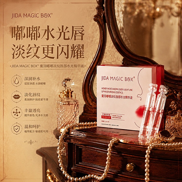 基于JIDA MAGIC BOX蜜润嘟嘟淡纹唇部水光精华液产品，生成一张抖音1:1电商主图。采用复古怀旧风格，暖棕色调搭配米黄色背景，产品置于复古木质梳妆台上，搭配复古镜子、珍珠饰品、老式香水瓶等优雅配饰，柔和暖光营造怀旧氛围，文字采用优雅衬线字体，整体风格复古优雅、高级有质感，与之前所有风格均不同。