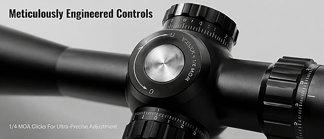 [Screen 4] Close-up Detail of Adjustment Knob for Precision Hunting Riflescope. This screen uses [image4] as the product detail. [Atmosphere/Style] Macro industrial photography, focus on precision manufacturing texture, professional and textured. [Element Layout] Extreme close-up on the elevation and windage adjustment knobs, filling most of the frame to highlight the fine engraved scale markings and the knurled texture on the knob surface. Keep the knob shape, silver center accent, engraved 1/4 MOA text and scale numbers consistent with the original image. [Lighting & Texture] Side directional lighting creates subtle shadows, highlighting the three-dimensional texture of the knurling and the sharpness of the engraved scales, every detail is clearly visible. [Color Scheme] Global background color #E8E8E8; main color matte black metal; auxiliary color silver accent scale text, dark gray background. [Perspective & Composition] Macro diagonal composition, focusing on the adjustment knob area, shallow depth of field to highlight the key details. [Text Layout] Top main title "Meticulously Engineered Controls", bottom caption "1/4 MOA Clicks For Ultra-Precise Adjustment"; bold title, lighter subtitle, placed at top and bottom to avoid covering the knob detail. All text uses English, no Chinese characters. [Proportion & Resolution] 1464×700 wide screen proportion, 4K resolution, clear legible text, high definition quality. [Negative Prompt] blurry scales, deformed knob, wrong text engraving, Chinese characters, over-sharpened, noisy texture
