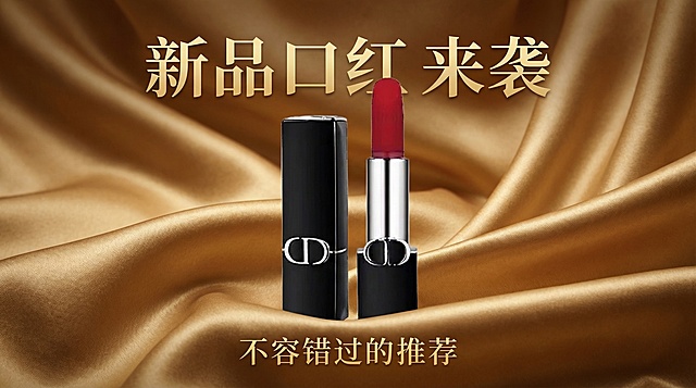 微信公众号首图，主体是用户上传的这款黑色外壳带银色CD标识的正红色口红，背景为质感高级的金黄色丝绸，画面上方添加主标题文字"新品口红 来袭"，下方添加副标题文字"不容错过的推荐"，整体风格奢华大气，适合美妆推广使用