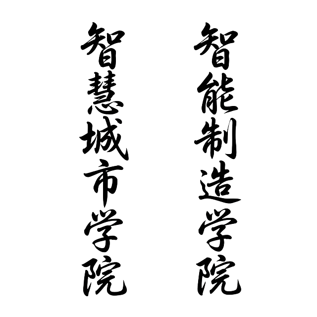 设计竖向两排连笔艺术字，左竖排为“智慧城市学院”，右竖排为“智能制造学院”，每排竖排内文字笔画从上到下互相连接，形成连贯流畅的艺术字，黑色字体，透明背景，排版整齐对称，字体风格统一，笔画衔接自然，整体保持竖向两列排列