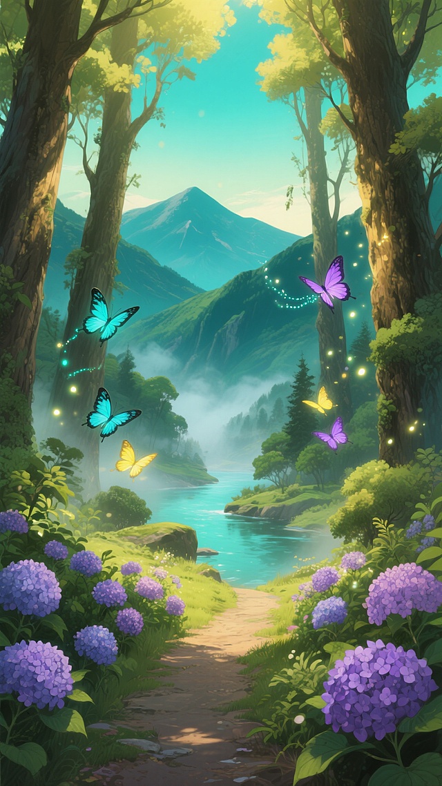 Anime-style illustration of a natural mountain and river landscape, with towering ancient trees lining a misty forest path that winds through lush greenery and clusters of purple hydrangea-like flowers. The scene is illuminated by soft, glowing light filtering through the canopy, casting a warm golden-green hue throughout. Bioluminescent butterflies in shades of cyan, yellow, and lavender flutter gently through the air, leaving trails of sparkling particles. In the distance, rolling mountains rise against a gradient sky transitioning from deep teal at the horizon to pale aquamarine above. The composition features a strong sense of depth with layered vegetation framing the central path, creating a serene and mystical atmosphere that blends forest magic with majestic natural scenery.