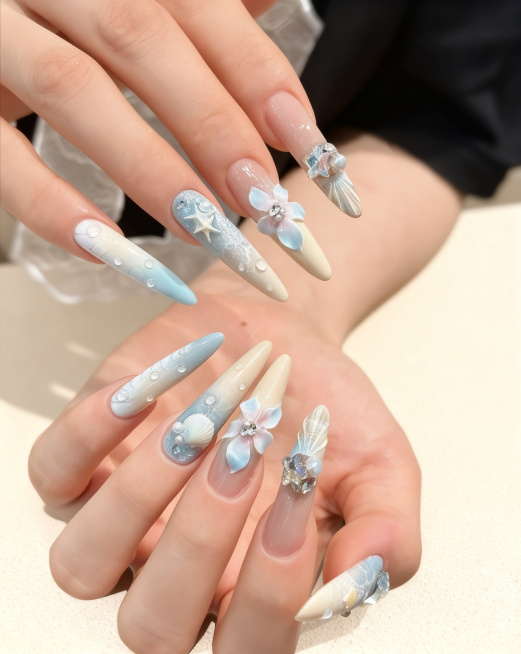 保留这双手和精致海洋渐变立体雕花美甲的主体内容绝对不变，将背景更换为浅米色极简磨砂桌面，打造柔和干净的美甲展示场景，使用漫射柔光，低对比度，画面明亮干净，莫兰迪奶油色调，商业级4K画质，通透清晰预览效果