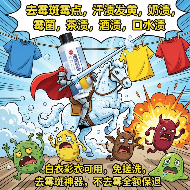 电商主图风格，画面主体为渍氧泡泡去渍产品，采用创意漫画风格，绘制产品消灭污渍的拟人化场景，污渍形象狼狈逃跑，产品形象威武，上方配文字"去霉斑霉点，汗渍发黄，奶渍，霉菌，茶渍，酒渍，口水渍"，下方配文字预览效果