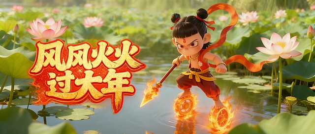 帮我把哪咤往右边来，把左边加上文字，风风火火过大年，用艺术字，文字要突出点