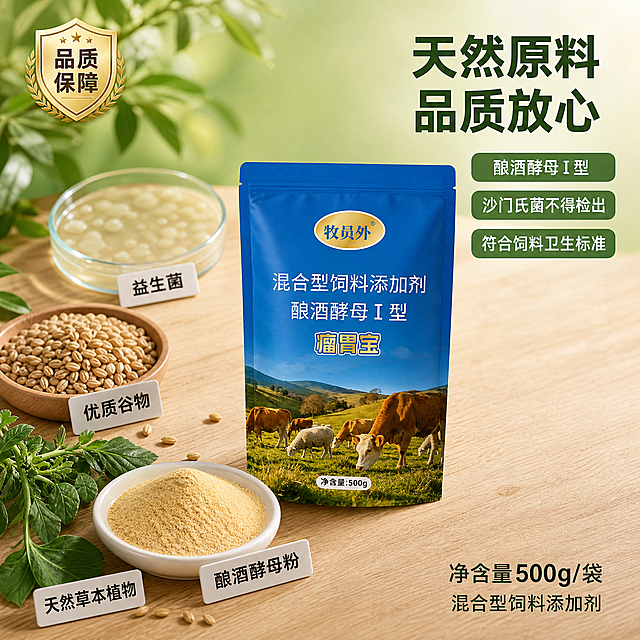 [主图-3] 瘤胃宝成分品质与原料展示图。
[氛围风格] 天然原料品质感 专业可信农牧风。
[画质] 商业摄影质感、微距细节清晰、光线通透、画面干净高级。
[元素] 产品包装袋放在画面右侧，正面展示。左侧和前景围绕产品摆放真实原料元素：酿酒酵母粉末特写（细腻的浅黄色粉末盛放在白色小碟中）、天然草本植物叶片、谷物颗粒、益生菌培养皿示意。原料旁边有小标签标注名称。背景为浅木色桌面+淡绿色渐变，干净整洁。左上角有"品质保障"徽章图标。**保持产品包装袋外观（即物理结构、材质质感、颜色、文字排版）与输入产品图正面一致，杜绝任何变形和色差，精细化处理**。商品主体占比约55%。
[光影] 柔和侧光从左上方照射，原料细节清晰，粉末有细腻的质感表现，产品和原料底部都有自然的接触阴影，整体通透有层次。
[配色] 主色浅木色+淡绿；辅色金黄（酵母粉）、深绿（草本）、白色（碟皿）、深蓝（文字）。
[视角构图] 45度俯视视角，产品与原料错落摆放，形成自然的品质展示场景，景深较浅突出主体。
[文字版式] 右上角主标题"天然原料 品质放心"深绿色粗体大号字右对齐。下方三个品质标签竖向排列，圆角矩形绿底白字：「酿酒酵母I型」「沙门氏菌不得检出」「符合饲料卫生标准」。底部小字标注"净含量500g/袋 混合型饲料添加剂"。文字清晰可读，不遮挡产品主体。
[输出要求] 1:1比例，文字清晰可辨，超高清商业摄影质感。
[负向提示词] 变形，文字错乱，产品图模糊，背景杂乱，水印，电商平台Logo，二维码，手机号。