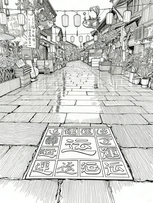 将图中的古街风景转换为黑白线条白描插画，参考第二张图的简约流畅线条风格，线条清晰干净预览效果