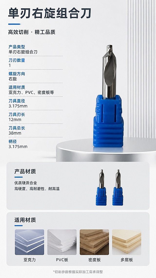 2. 组合刀基础信息详情页。本屏使用【图1】https://gdesign-dam-hz.dancf.com/37073763306429562/678dcfd9573d4ee39e7017a48bd05001.jpg 作为商品主体，参考模板【图3】https://gdesign-dam-hz.dancf.com/37073775476459625/34ee37697c8e49488040aaccd5928215.jpg 版式结构，固定尺寸790*1440。
[氛围风格] 工业简约风，保留原产品蓝色刀套不改变颜色，突出产品金属质感。
[布局要求] 完全复用模板原有版式：顶部大标题「单刃右旋组合刀」，左侧产品基础信息参数文字完全沿用模板，右侧放置当前产品，替换模板原有图片，保留原产品外观和蓝色刀套，下半部分产品材质说明和适用材质列表完全沿用模板，两个蓝色刀套产品位置和排版保留模板样式，仅替换为当前产品，颜色保持蓝色。
[文字排版] 所有文字内容和排版对齐和模板保持一致。
[尺寸] 790*1440
[负向提示] 禁止改变刀套颜色，禁止参数文字错误，禁止排版错乱