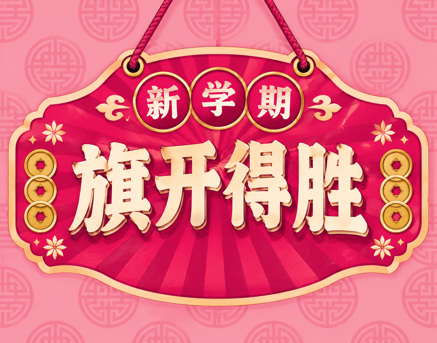 新学期主题复古挂牌风格小图，玫红色系配色。画面中心是一个玫红色… - 图片创意预览