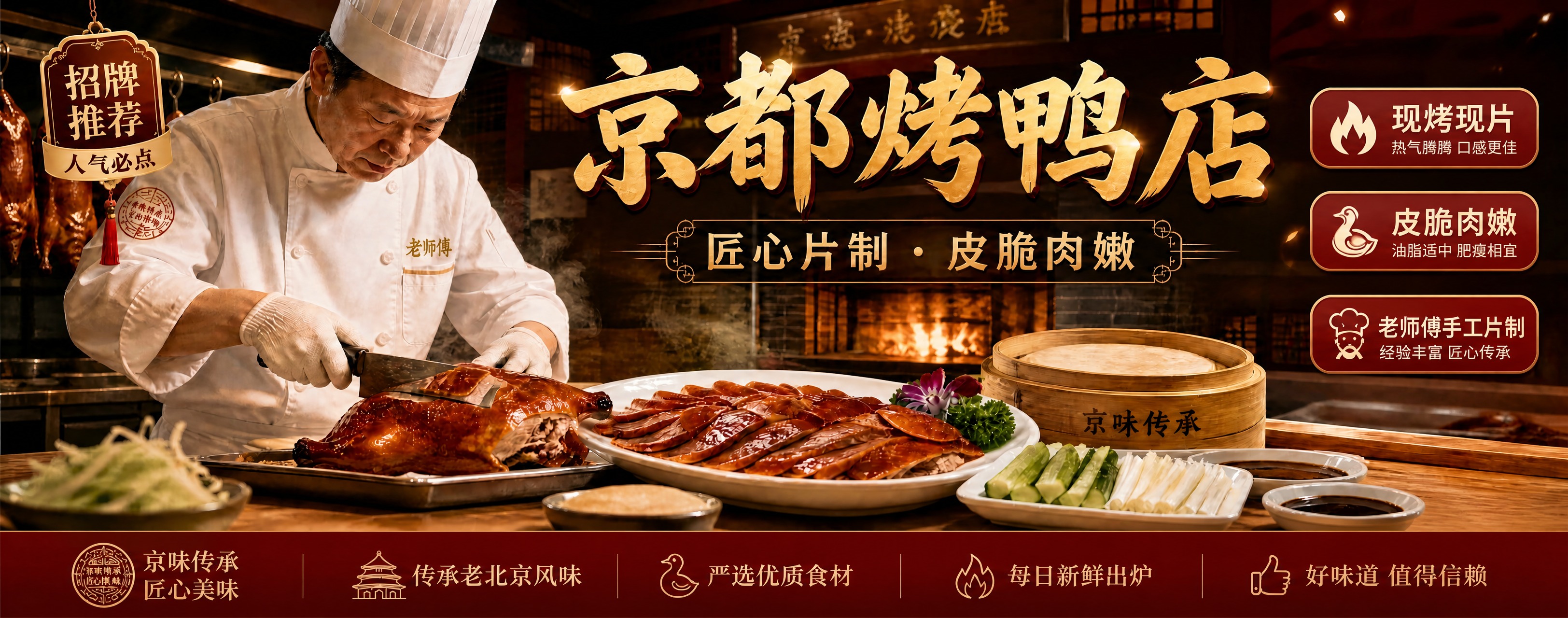 基于参考图进行修改：保留整体版式骨架、红金中式烤鸭店氛围、老师… - 图片创意预览