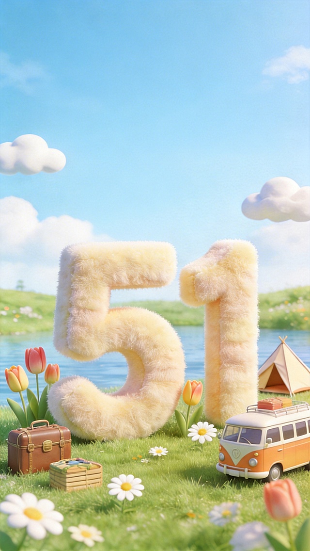 去掉图片上方的悬挂标牌和文字，去掉“51”立体字上的两个卡通小孩，保留整体风格不变，3D卡通风格，C4D渲染，毛绒质感加软萌黏土质感，画面明亮轻快，马卡龙配色，五一出游主题。保留巨大的毛绒质感"51"立体字，保留周围郁金香、小雏菊、云朵、复古行李箱、露营帐篷、复古巴士等春日出游元素。背景依旧是清新治愈的春日草地加湖泊加蓝天白云，光线柔和明亮，氛围轻松愉悦，充满童趣，无多余杂物