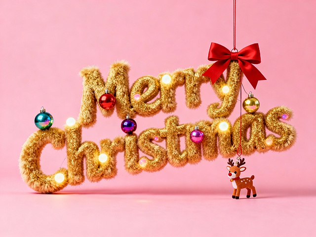 软3D毛绒字体搭配鎏金质感，点缀彩球与小鹿挂饰，营造喜庆甜蜜的卡通圣诞氛围。