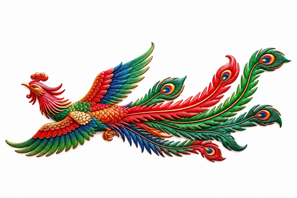 保持原图的色彩和浮雕风格，将凤凰调整为横向的形态，整体舒展朝向左侧，原有的红绿色彩和孔雀眼羽毛纹理保留不变，纯白背景预览效果