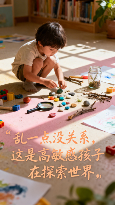 画面呈现高敏感孩子在探索世界的场景，整体氛围凌乱而充满活力，散落着各种探索工具和自然小物件，保留文案"乱一点没关系，这是高敏感孩子在探索世界"，风格温暖治愈，充满童真，画面层次感丰富，色彩柔和预览效果