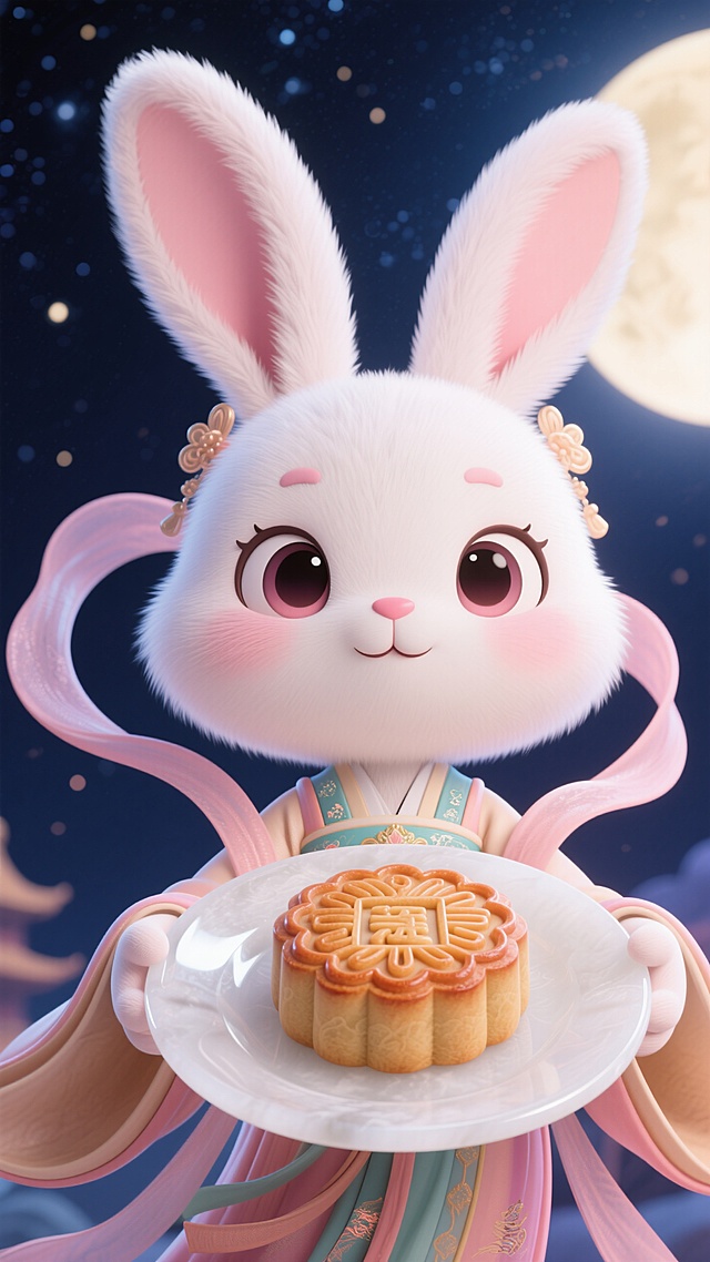 Q版玉兔拟人（穿着嫦娥的服饰）手捧着着白玉质感巨大盘子伸向前面，盘子里面有月饼，人物看向前方，强烈的仰视透视感，广角镜头，半身近景特写，背景是深色夜空背景