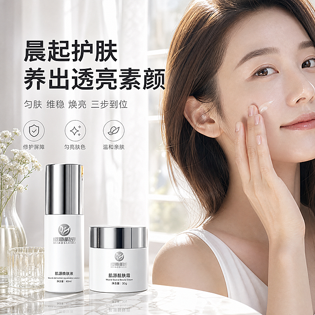 [主图-4] 使用场景与肤感实证，展示女性日常护肤使用场景，呈现肌肤匀净透亮的健康状态，传递产品使用后的好肤色效果。
[统一基调] 整体风格为纯净科技感、通透水润亮调，高级静物摄影3D渲染质感；背景主色为奶油白+浅银灰渐变，标题字色为深炭灰黑色，辅助字色为中灰色，强调色为香槟金色；字体选用干净现代非衬线体，标题粗体大号，辅助文案缩小50%以上；卡片与图标采用细银线+半透明白底圆角样式，整体精致克制。
[画面] 画面右侧为一位亚洲年轻女性（25-30岁，气质干净，浅棕色中长发自然披散，脸型柔和，皮肤匀净透亮有光泽）的半脸+颈部特写，她正用指尖轻轻将精华液涂抹在脸颊，表情放松愉悦，侧光下皮肤有自然光泽；画面左侧摆放焕肤液与靓肤霜两瓶产品，放在白色大理石台面上，旁边有一小束白色小花与透明玻璃杯作为点缀；背景为明亮的室内窗边场景，有柔和的自然光与纱帘虚化效果；整体氛围温馨高级，体现日常护肤仪式感。
[光影质感] 自然窗边柔光，主光从右侧窗户打来，人物皮肤有通透光泽，产品瓶身有自然高光与台面倒影，整体明亮柔和，真实感强。
[配色] 奶油白+浅米色暖调背景，深炭灰黑标题，人物肤色自然匀净，产品白+银，整体暖调干净高级。
[文字版式] 画面左上角主标题两行粗体：「晨起护肤 养出透亮素颜」；标题下方辅助小字：「匀肤 维稳 焕亮 三步到位」；左下角有三个小图标横排，分别标注「修护屏障」「匀亮肤色」「温和亲肤」；文字均放在左侧负空间，不遮挡人物脸部与产品主体。
[输出要求] 比例1:1，2048×2048，2K分辨率；人物自然真实，产品清晰，文字清晰可读；负向：变形、错字、模糊、杂乱、水印、平台Logo、夸张P图前后对比、医疗暗示、畸形手、面部扭曲。