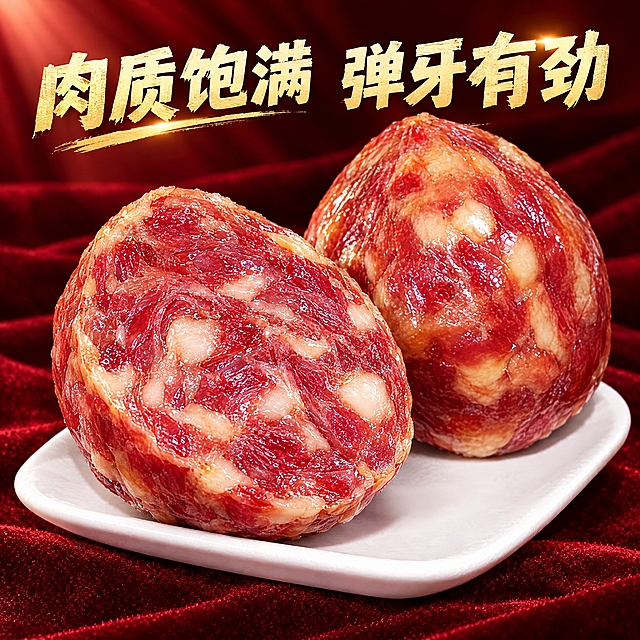 香肚电商详情图，1:1正方形构图，香肚产品占据画面大面积，保持包装和产品形态完全不变，斜切半颗香肚展示内部紧实肉质，切面朝上纹理清晰，旁放完整香肚，深红色丝绒背景聚光灯打光，画面上方有简洁卖点文字"肉质饱满 弹牙有劲"，粗体小字有力量感，不遮挡产品主体，戏剧感美食摄影，无人物，不要百年地道传统现做现发冷链运输老字号正宗夸大宣传破损包赔礼盒装字样，2K分辨率