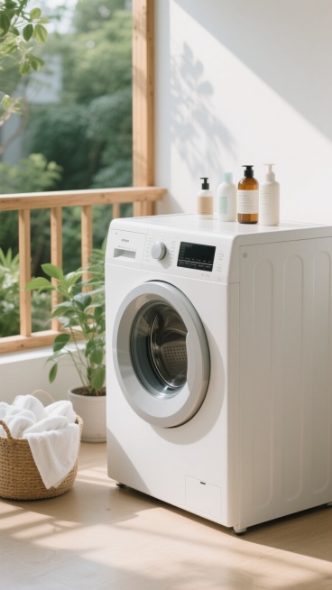 一张现代简约风格的洗衣机产品摄影，主体为一台白色滚筒洗衣机，位于画面中央，洗衣机上方摆放着几瓶不同材质的洗护用品，左侧地面有一个装满白色毛巾的编织篮，旁边有一盆绿色植物，采用柔和的自然光从侧面照射，光线明亮均匀，营造出干净整洁的氛围，具有高清晰度和细腻的质感表现，背景改为充满自然气息的木质阳台，能看到窗外的绿色植物和柔和的阳光洒入，整体色调以白色、浅木色和绿色为主，保持简约、清新、舒适的视觉感受。预览效果