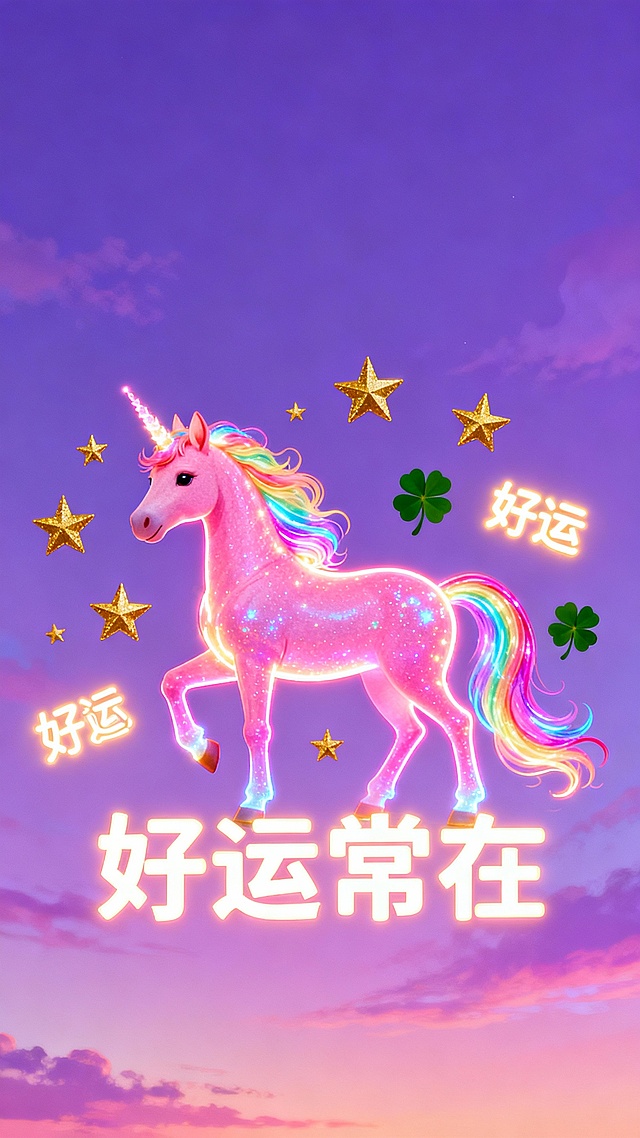 怪诞风格的本命年马年壁纸，画面中一匹通体发光的粉色独角兽马，鬃毛和尾巴流淌着彩虹色光带，周围漂浮着金色星星、四叶草和“好运”字样的发光符号，背景是渐变的梦幻紫色天空，整体色调明快又带着奇幻感，“好运常在”