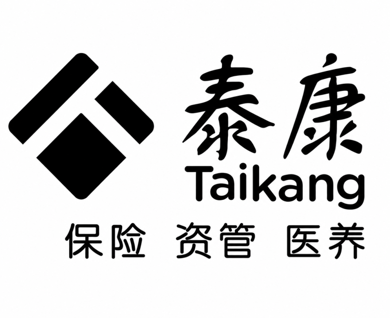 将这个泰康logo改为墨稿样式，所有图形和文字都变成纯黑色单线或纯黑色块的黑白墨稿效果，保留logo整体轮廓和内容不变，背景保持透明或者白色预览效果