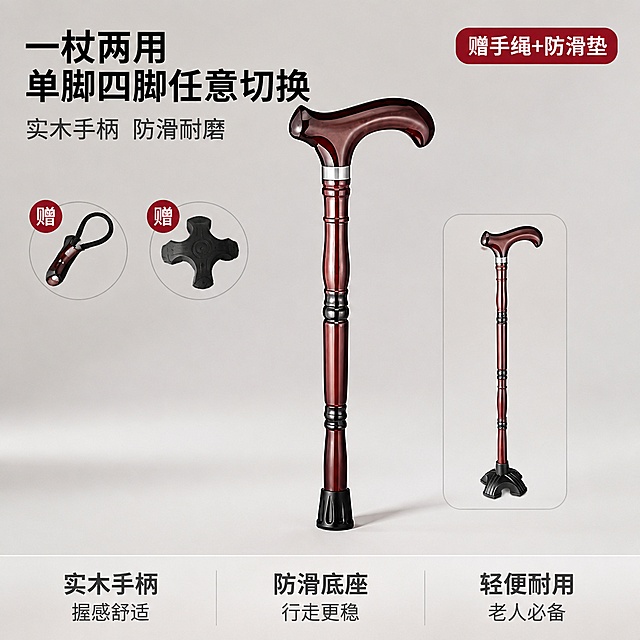 [主图-1] 实木两用老人拐杖首图，一杖两用单脚四脚切换核心卖点首图。
[氛围风格] 稳重实用品质感，专业靠谱的中老年助行产品氛围；
[画质] 商业摄影质感、光线柔和通透、产品清晰真实、画面干净高级。
[元素] 画面中央展示红棕色实木两用拐杖（单脚底座款），拐杖竖直站立，手柄位于画面中上部，底座接触地面，产品完整不切割。拐杖右侧以小尺寸画中画形式展示四脚底座款拐杖，体现一杖两用。背景为浅灰色渐变背景，底部有柔和投影。画面左上角放置手绳和防滑垫赠品小图标。**保持拐杖外观（即物理结构、材质质感、红棕木色、手柄造型、竹节状杖身、金属装饰环、黑色防滑环）与输入产品图一致，杜绝任何变形和色差，精细化处理**。商品主体占比约70%；画面满屏无边框。
[光影] 左上方主光柔和打亮拐杖正面，木质纹理清晰，右侧辅光弱化阴影，底部有自然接触阴影，整体光比舒适、高光不溢、暗部有层次，无廉价HDR。
[配色] 主色红棕木色（拐杖主体）；辅色深灰、银灰（金属环）；强调色暗红（赠品标）。
[视角构图] 平视正面视角，拐杖为视觉中心；景深中等，背景简洁突出主体。
[文字版式] 左上负空间左对齐留安全边距，主标题大字"一杖两用 单脚四脚任意切换"，黑色粗体无衬线最大号；副标题"实木手柄 防滑耐磨"，约半高、深灰色。右上角红色圆角标签"赠手绳+防滑垫"，白字。底部通栏三列卖点：左列"实木手柄""握感舒适"、中列"防滑底座""行走更稳"、右列"轻便耐用""老人必备"，上层短句粗体、下层说明细体，深灰字。
[输出要求] 1:1比例，文字清晰锐利，画面超高清商业摄影质感。
[负向提示词] 变形，文字错乱，产品图模糊，背景杂乱，水印，电商平台Logo，多余的手，畸形手，人物面部扭曲。
