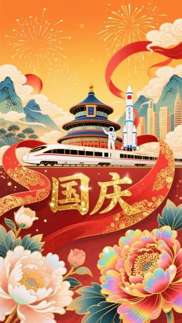 橙黄天幕缀烟花与云朵，国画风山水映现代城。天坛、高铁、宇航员火箭相映，带金纹光斑的红飘带蜿蜒其间。下方“国庆”金光大亮，暖橙、红、金铺就喜庆，牡丹绽放、金纹点缀，传统与现代交融，满溢热烈欢腾。预览效果