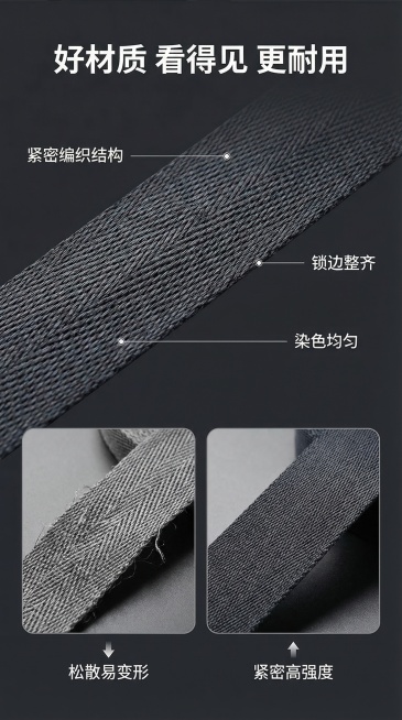 1688丙纶包边织带详情页第三屏材质细节，长图版式，深灰色背景，上半部分极致微距特写包边织带编织纹理，用白色细引线标注“紧密编织结构”“锁边整齐”“染色均匀”三个细节，下半部分左右对比图，左侧是普通织预览效果