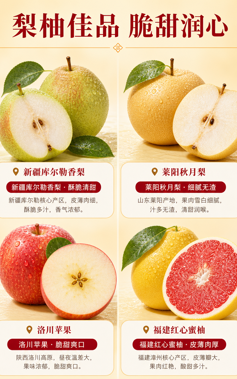 [商品] 本页展示4款梨柚苹果：新疆库尔勒香梨、莱阳秋月梨、洛… - 图片创意预览