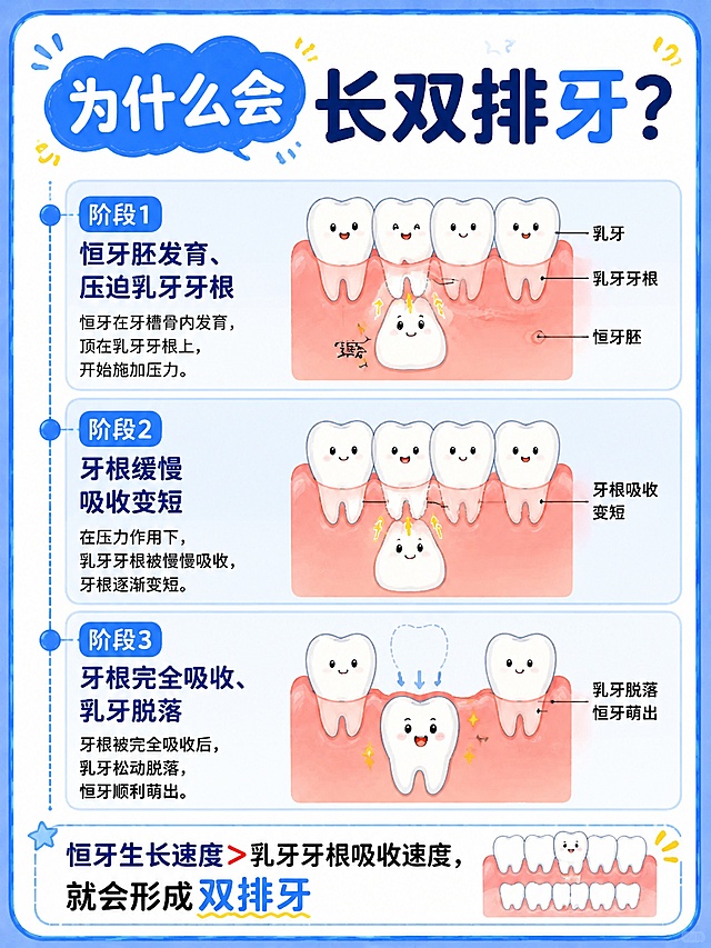 3:4竖版牙科科普海报，统一浅蓝圆角边框，分层横向时间轴分三阶段展示牙根吸收过程：阶段1恒牙胚发育、压迫乳牙牙根；阶段2牙根缓慢吸收变短；阶段3牙根完全吸收、乳牙脱落；标注文字："恒牙生长速度＞乳牙牙根吸收速度，就会形成双排牙"，搭配牙龈、牙齿简约简笔画，小标题："为什么会长双排牙？"，文字分区清晰，无杂乱元素，医学科普可视化，整体风格参考上传示例图
