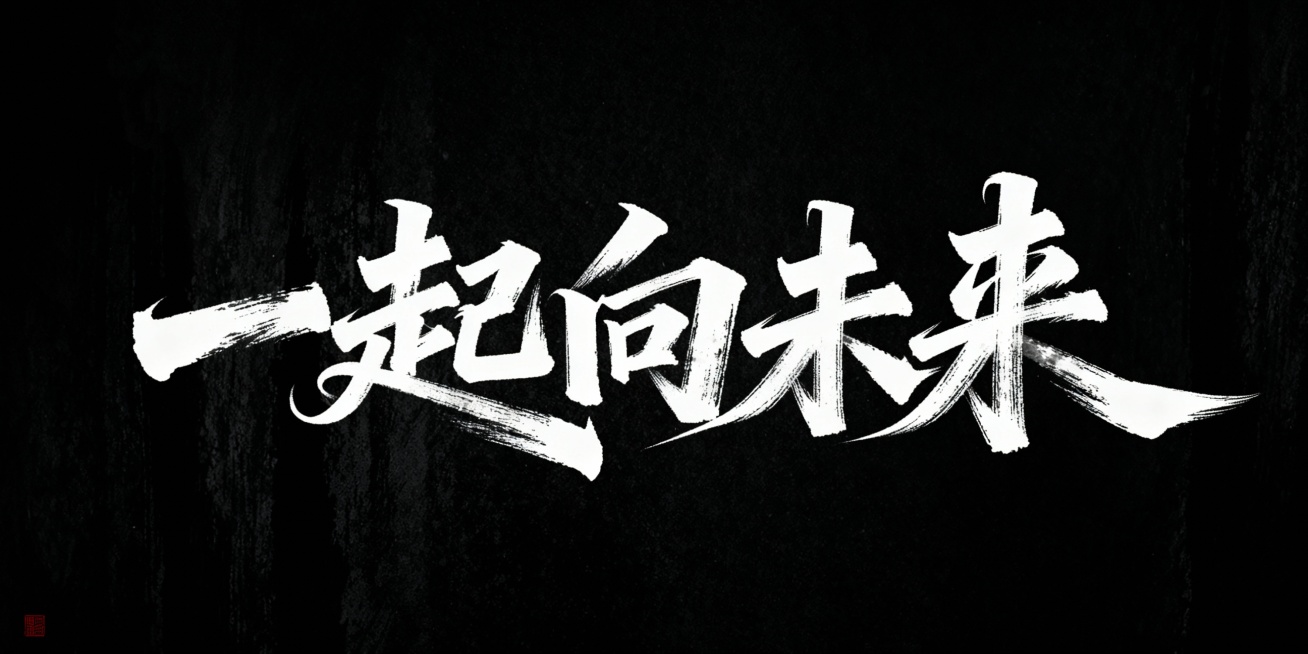 文艺手写字体“一起向未来”，毛笔手写风格，极强的艺术写作风格，视觉震撼，笔画带有水墨笔刷效果，笔画巧妙延长设计变形，黑底白字，高清画质，细节丰富，艺术感强烈预览效果