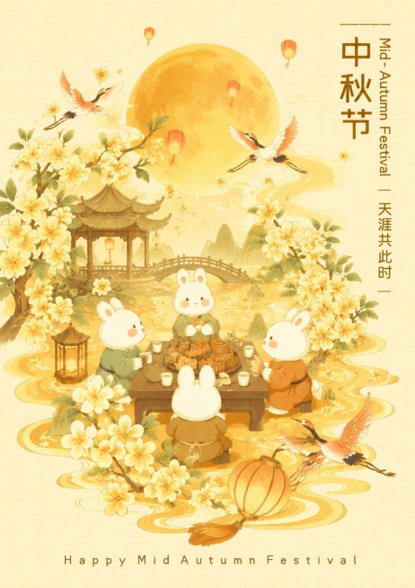 参考图片风格，保持原国潮国风插画的暖金色调、桂花、兔子聚会赏月吃月饼、飞鹤、孔明灯圆月的中秋节主题元素，重新生成画面内容，保留竖版构图和文字排版：右侧文字竖排“中秋节 Mid-Autumn Festi预览效果
