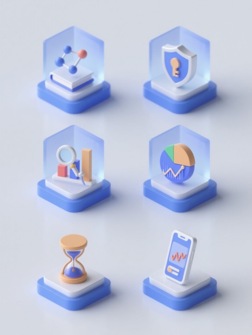 6个不同配色、不同样式、不同材质的UI造型图标，每个图标均被半透明立方体框架包裹，具有轻微的渐变蓝色调底座和白色背景，整体呈现简洁现代的3D立体风格，光影柔和，上下两行各3个图标整齐对齐排列，图标内容包含分子结构、盾牌与钥匙、书本、柱状图表、放大镜与折线图、饼状图表、沙漏、股票K线图、手机界面等元素，设计简洁清晰，具有科技感和信息图表的视觉特征。预览效果