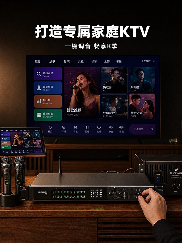 [主图-4] BLACKSMITH 中创 T1 前级效果器 真实使用场景展示 家庭KTV设备连接。
[统一基调] 整体风格为专业科技品质感，深色高级灰背景搭配冷调金属光，标题字色为白色粗体无衬线字体，辅助字色为浅灰色，强调色为荧光绿（用于LED灯效和数据高亮），字体统一使用现代无衬线粗体，字号层级分明，卡片和图标采用圆角矩形+细描边样式，整体光影为影棚硬光结合柔光补光，突出金属质感和产品结构。
[画面] 真实家庭KTV影音室场景，深木色电视柜上放置着BLACKSMITH中创T1前级效果器，效果器正面LED灯点亮，屏幕显示工作状态。效果器通过光纤线连接到一旁的功率放大器（右侧），左侧连接点歌机设备，前方有两支无线麦克风立在麦架上。背景是深色墙面，墙上挂着大屏幕电视显示KTV点歌界面。画面为平视略微俯视角度，产品位于画面中心偏下位置，占画面约35%。画面上方有主标题"打造专属家庭KTV"，副标题小字"一键调音 畅享K歌"。右下角有一只手正在旋转效果器的旋钮调节效果，手部动作自然真实。
[光影质感] 真实室内环境光结合产品自发光，环境光偏暖黄，产品本身保持冷调金属质感，LED灯发出绿色光芒在暗环境中明显，电视柜有产品的真实投影，整体氛围温馨且专业，产品融入场景自然，无悬浮感。
[配色] 场景整体暖色调（木色+暖光），产品保持黑色金属冷调，LED绿色发光，标题文字白色，形成冷暖对比突出产品。
[文字版式] 画面上方居中主标题大号白色粗体，副标题小号白色字。文字放在画面上部负空间，不遮挡产品和场景主体。
[输出要求] 比例3:4，文字清晰，场景真实自然，产品外观结构准确，无变形，无错字，无水印，无平台Logo。禁止手部畸形、线材悬空、产品与场景比例失调。