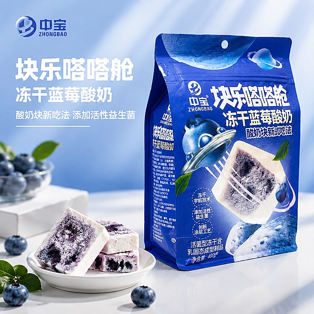 生成一套主图（5张），商品名称是块乐嗒嗒舱冻干蓝莓酸奶，卖点是酸奶块新吃法，添加了活性益生菌，宣传吃着健康，适配 淘宝/天猫平台，主图比例为1:1「图片1」