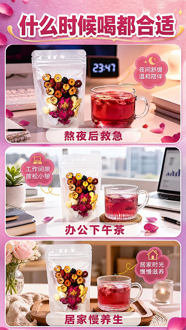 [商品] 使用【图1】玫瑰桑葚茯苓茶透明袋正面图；保留透明袋形状、自封条、袋内原料颜色和分布；商品处理：轻微理顺袋身，增强原料色泽。
[画面] 目标：场景种草页，展示三大日常饮用场景，让用户有代入感。构图：竖拼三段式，从上到下三个场景卡片，每张卡片内有产品+场景环境。主体位置：每张卡片中茶袋和茶汤杯清晰可见，分别置于不同场景。景别：每个场景为中景。阅读动线：从上到下依次看三个场景。前中后景：每个场景卡片内有前景桌面小物、中景产品茶汤、后景场景环境。
[视觉] 套系策略：风格=拼多多接地气种草风，高饱和暖调商业摄影；标题字=粗黑体大字报风格，厚重醒目；正文字=圆润无衬线体，清晰易读；主色=深玫红+桑葚紫；背景延展=基于玫红紫做深浅渐变、同色光晕和细腻纸张/花瓣质感；强调色=暖金色，仅用于小面积图标、引线、标签和高光点缀；标题色=深玫红+白色描边；正文色=深棕红；组件=圆角白底信息卡、虚线引线、花瓣形标签；光影=每个场景内自然暖光，整体色调统一暖紫调。
[文字] 顶部通栏主标题：什么时候喝都合适；三个场景卡片各配标题：熬夜后救急、办公下午茶、居家慢养生。每个场景标题在卡片底部半透明白条上，横排玫红字。
[规格] 图片比例9:16竖版，4K分辨率，避免变形、错字、文字过小、场景色调不统一、包装失真、医疗功效承诺。