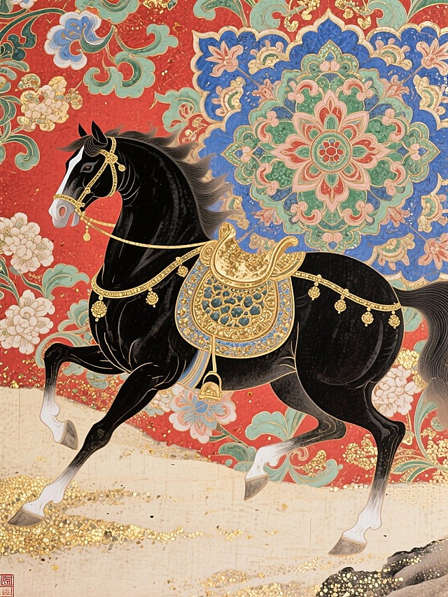 主体是一匹饰有华丽鞍具的黑色奔马，红、蓝、绿相间的宝相花纹样背景