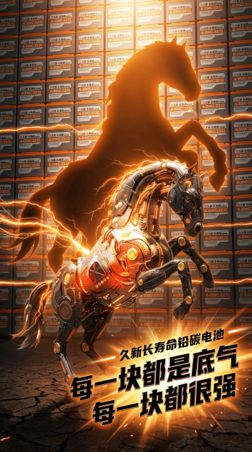 前景：参考图1的铅锂机械马，呈腾空跃起姿态，前蹄高扬，鬃毛如燃烧的电流。背景：身后正面是一面由无数块久新电池整齐堆砌而成的巨型墙体，参考图2电池表面有橙色光带流转，电池上的橙色电流汇聚到马身上，底部不预览效果