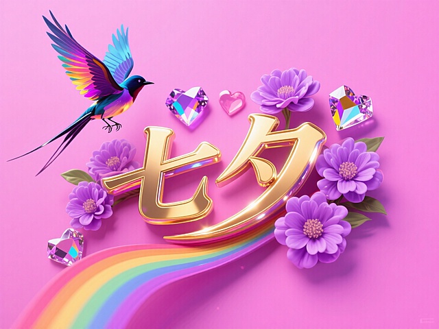 画面以粉色为底，金色 “七夕” 字样亮眼，搭配彩翼飞鸟、紫花、爱心水晶与彩虹，梦幻又浪漫，满是七夕的甜蜜氛围