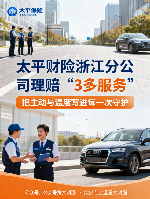太平财险浙江分公司理赔“3多服务”宣传图，整体采用专业温暖的商务风格，画面中心展示醒目的标题文字“太平财险浙江分公司理赔‘3多服务’ 把主动与温度写进每一次守护”，背景搭配干净的城市道路和车险理赔场景预览效果