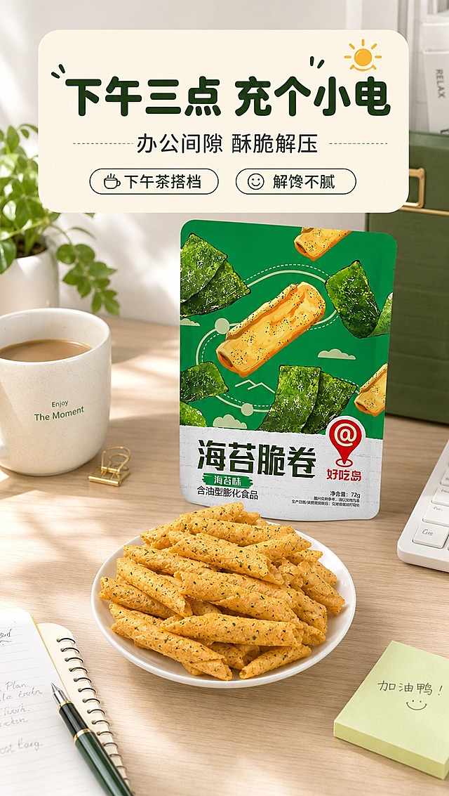 [商品] 使用【图1】海苔脆卷实物与【图2】产品包装袋；保留脆卷形态、颜色、海苔碎颗粒；保留包装袋绿色主色、"海苔脆卷"、"好吃岛"Logo等包装文字与图案，不改变包装设计。
[画面] 页面目标：办公下午茶场景种草，展示多场景适配。构图：俯拍桌面视角，办公桌一角，白色小碟里装着海苔脆卷，旁边立着一袋完整包装，周围有笔记本、钢笔、咖啡杯等办公小物；明亮清新的办公氛围；产品占画面约55%。
[视觉] 套系策略：风格=清新治愈零食风商业摄影；标题字=圆润粗黑体（可爱有食欲）；正文字=简洁无衬线体；主色=海苔绿（深绿）+ 暖金黄；背景延展=基于浅木色+米白做明亮办公色调，点缀海苔绿小物；强调色=暖金黄，仅用于小面积图标和标签；标题色=深海苔绿；正文色=深暖灰；组件=圆角浅米信息卡、细线引线；光影=顶部自然光，明亮柔和，桌面有淡淡投影。
[文字] 顶部主标题「下午三点 充个小电」，副标题「办公间隙 酥脆解压」，下方配2个场景标签：下午茶搭档 / 解馋不腻；文字在上方信息卡，不遮挡产品主体；所有文字横排。
[规格] 图片比例9:16竖版，4K分辨率，负向提示：避免变形、错字、文字过小、模糊、人物出现、包装文字错乱、昏暗色调、绝对化用语。