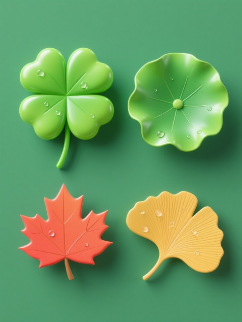一组4个同风格不同元素的规整排布系列素材集合，每个元素均采用高饱和度色彩、光滑表面质感、圆润边缘造型的软3D风格，纯色背景。包含：绿色四叶草（四片心形叶片，中央脉络清晰，高光点缀，绿色茎秆细长）、荷叶（圆形叶面，边缘波浪状，中心有茎连接，表面有放射状纹理和水滴反光）、枫叶、银杏叶。每个元素色彩完全不同且鲜明亮眼，整体布局整齐有序，具有统一的视觉设计感和信息传达效率。预览效果